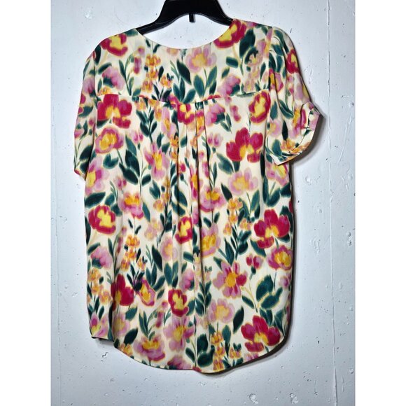 DR2 Womens Multicolor Floral Short Sleeve Top Size Large Boho Vneck Spring Date - Picture 2 of 10